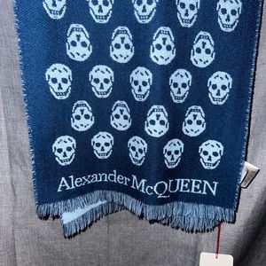 Alexander McQueen Reversible Skull-Print Wool Scarf blue sky